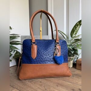 Royal Blue Ostrich & Brown Vegan Leather Top Handle Shoulder Bag Tote